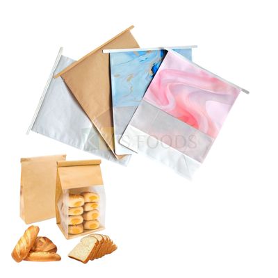 10 PCS Big White/Kraft Paper/Blue/Pink Colour Bakery Bags with Window- 8.6x4.1x11.1 Inches Tin Tie Tab Lock Pouches Cookies Chocolates, Candy, Jelly Gifting, Hamper Boxes, Bread, Toast, Puff Packaging