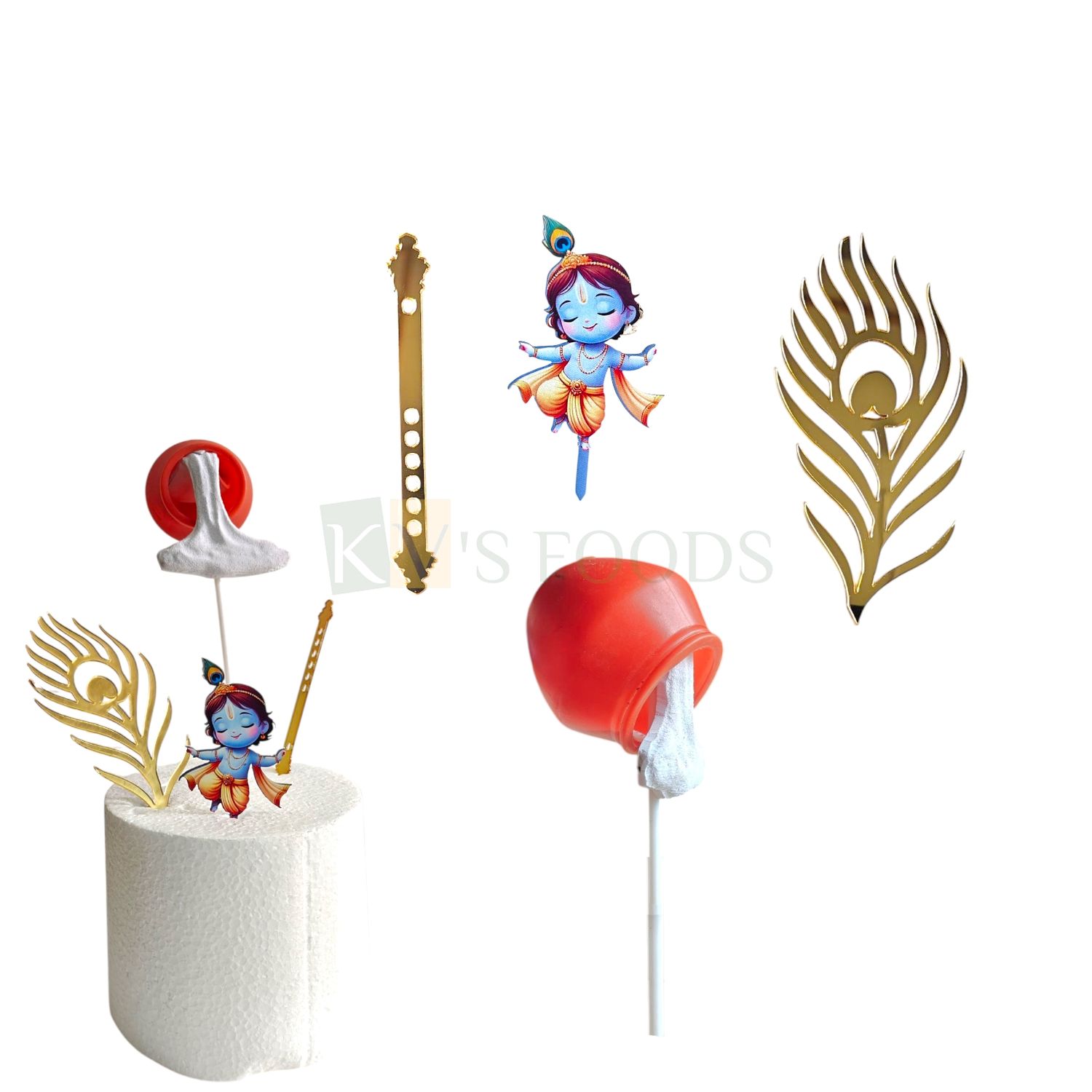 5 PCS Shiny Glittery Golden Acrylic Flute, Bal Krishna, Peacock Leaf, Pot with Curd Cake Topper Cupcake Inserts, Dahi Handi Celebration Theme, Krishna Jayanti, Janmashtami DIY Cake Decoration