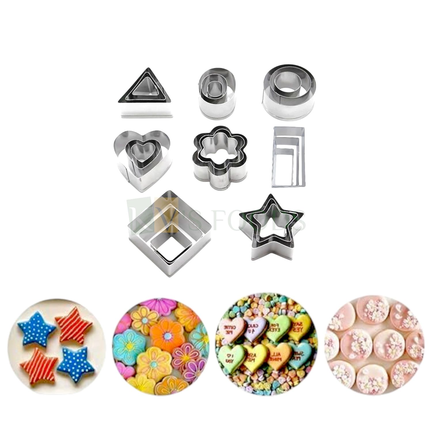 24 PCS Small Silver Stainless Steel Different Sizes Heart Circle Star Square Rectangle Oval Flower Triangle Shape Cookie Cutter Set, Fondant Cakes Biscuits Fruits, Chocolate Mould DIY Cake Decorations