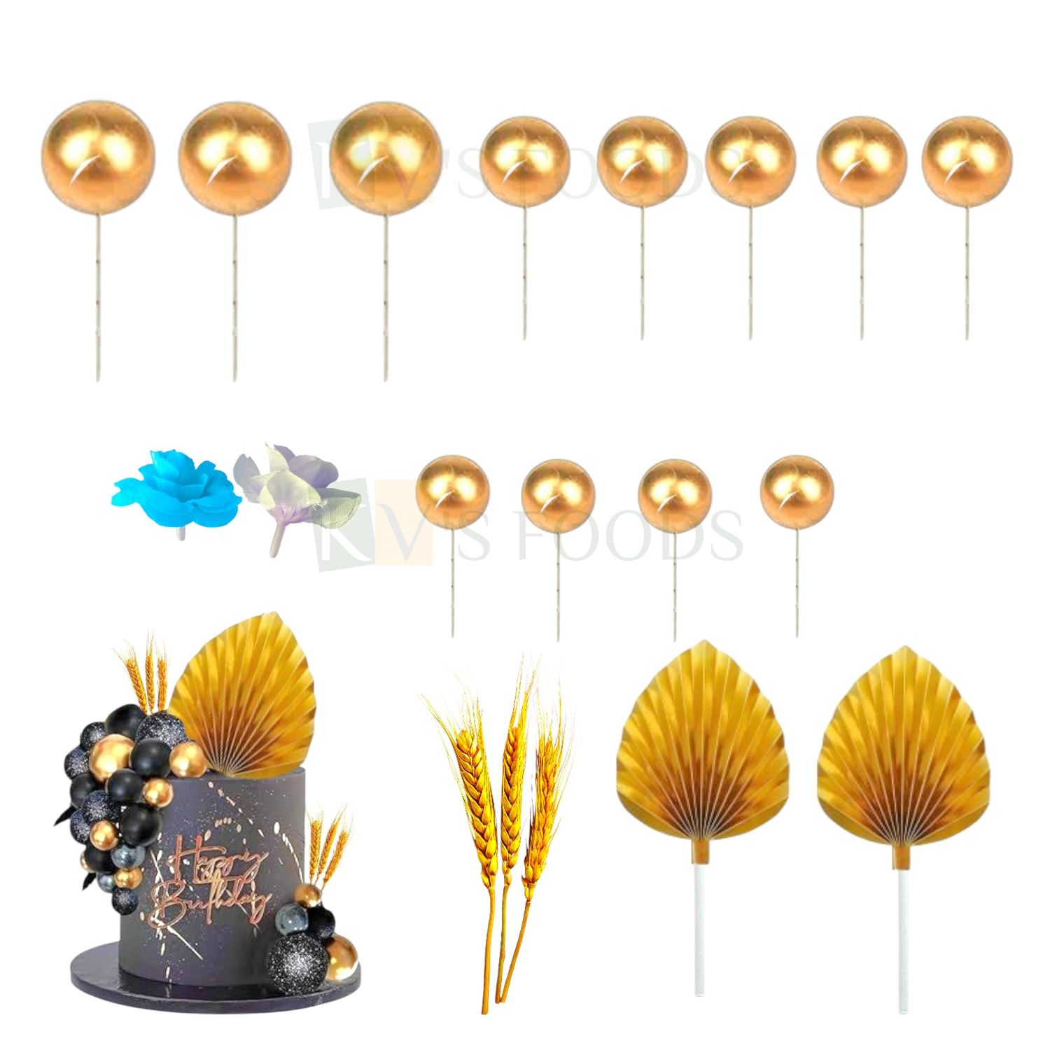 19PCS Mix Round 3 Different Sizes and Pastel Colours Faux Balls, Palm Leaves, Flowers, Wheat Stem Cake Topper Cupcake Inserts, Anniversary Wedding Baby Shower Birthday Theme DIY Cake Decorations
