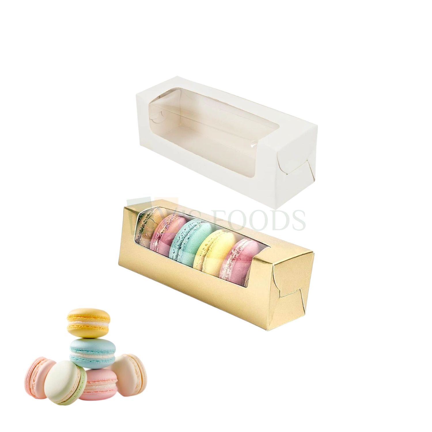5 PCS Set Golden/White 6 Macaron Box with Transparent Window, Size 6x2 Inch, Height 2 Inch for Truffle, Small Chocolates, Candy, Bakery Pacakging DIY Macaron Gift box, Festive Gifting Hamper Boxes