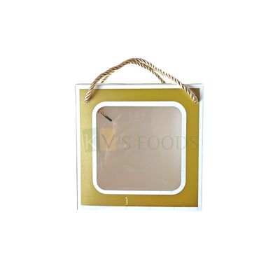5PCS Square Golden Colour Multipurpose Hamper Paper Bag, Box with Transparent Window, Box Size 6x3.5x6 Inch for Chocolates, Pralines, Premium Gifts Bags with Golden Rope Handle, Festival Jar Boxes