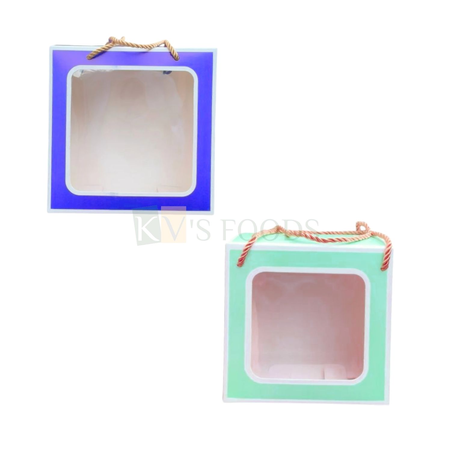 5PCS Square Blue/Pista Colour Multipurpose Hamper Paper Bag, Box with Transparent Window, Size 7.9x3.5x7.9 Inch for Chocolates, Pralines, Premium Gifts Bags with Golden Rope Handle, Festival Jar Boxes