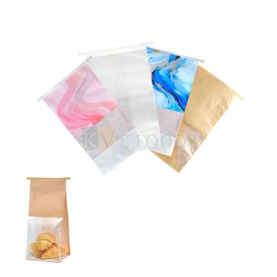 10 PCS Small Height White/Kraft Paper/Blue/Pink Colour Bakery Bags with Window- 5x3.9x9.6 Inches Tin Tie Tab Lock Pouches Cookies, Chocolates, Candy Gifting, Hamper Boxes, Bread, Toast, Puff Packaging