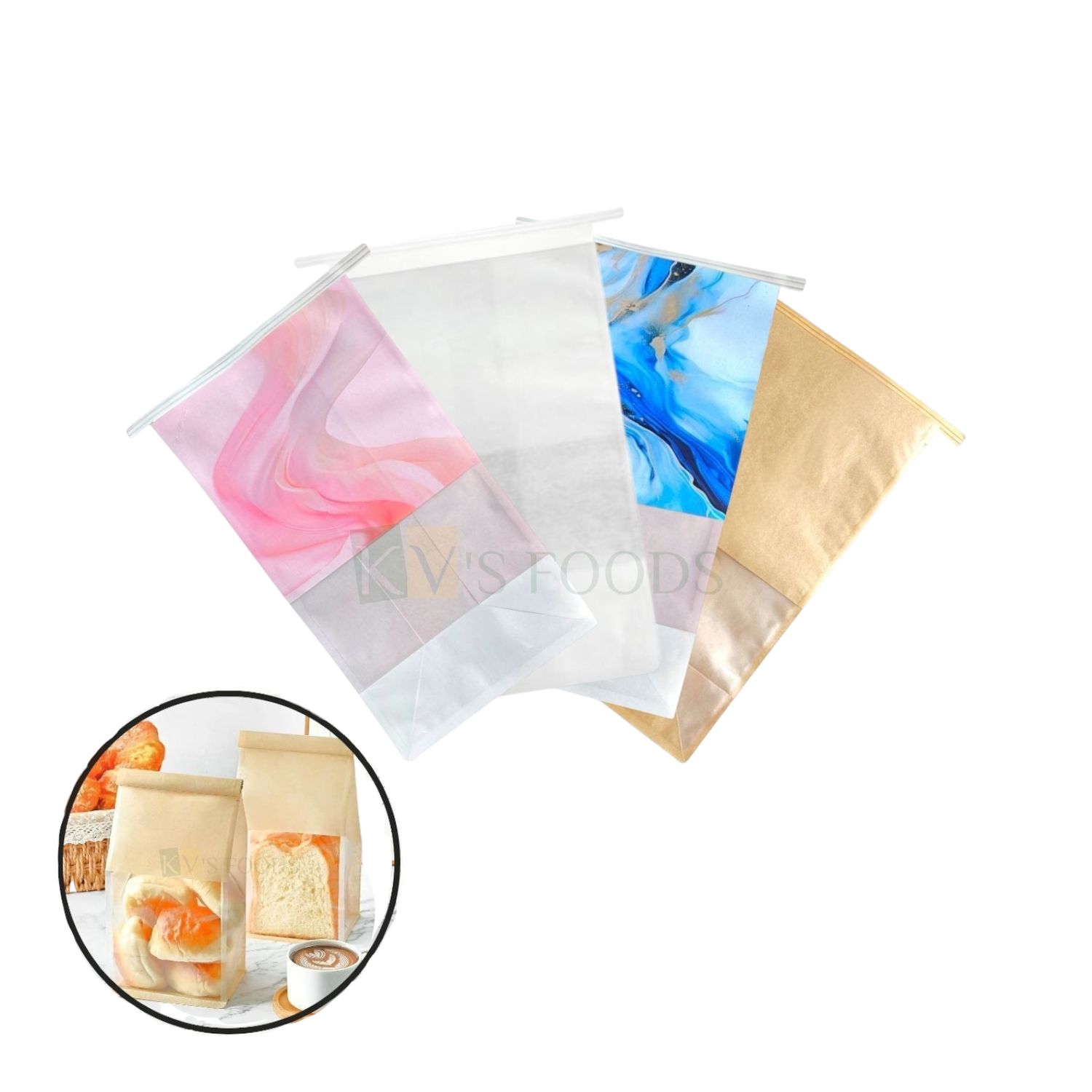 10 PCS White/Kraft Paper/Blue/Pink Colour Bakery Bags with Window- 5.5x4.4x11.1 Inch Tin Tie Tab Lock Pouches Cookies, Chocolates, Candy, Jelly, Gifting, Hamper Boxes, Bread, Toast, Puff Packaging