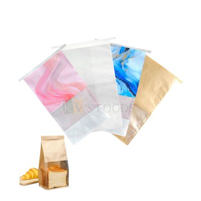 10 PCS White/Kraft Paper/Blue/Pink Colour Bakery Bags with Window- 5x3.9x11.2 Inch Tin Tie Tab Lock Pouches Cookies, Chocolates, Candy, Jelly, Gifting, Hamper Boxes, Bread, Toast, Puff Packaging