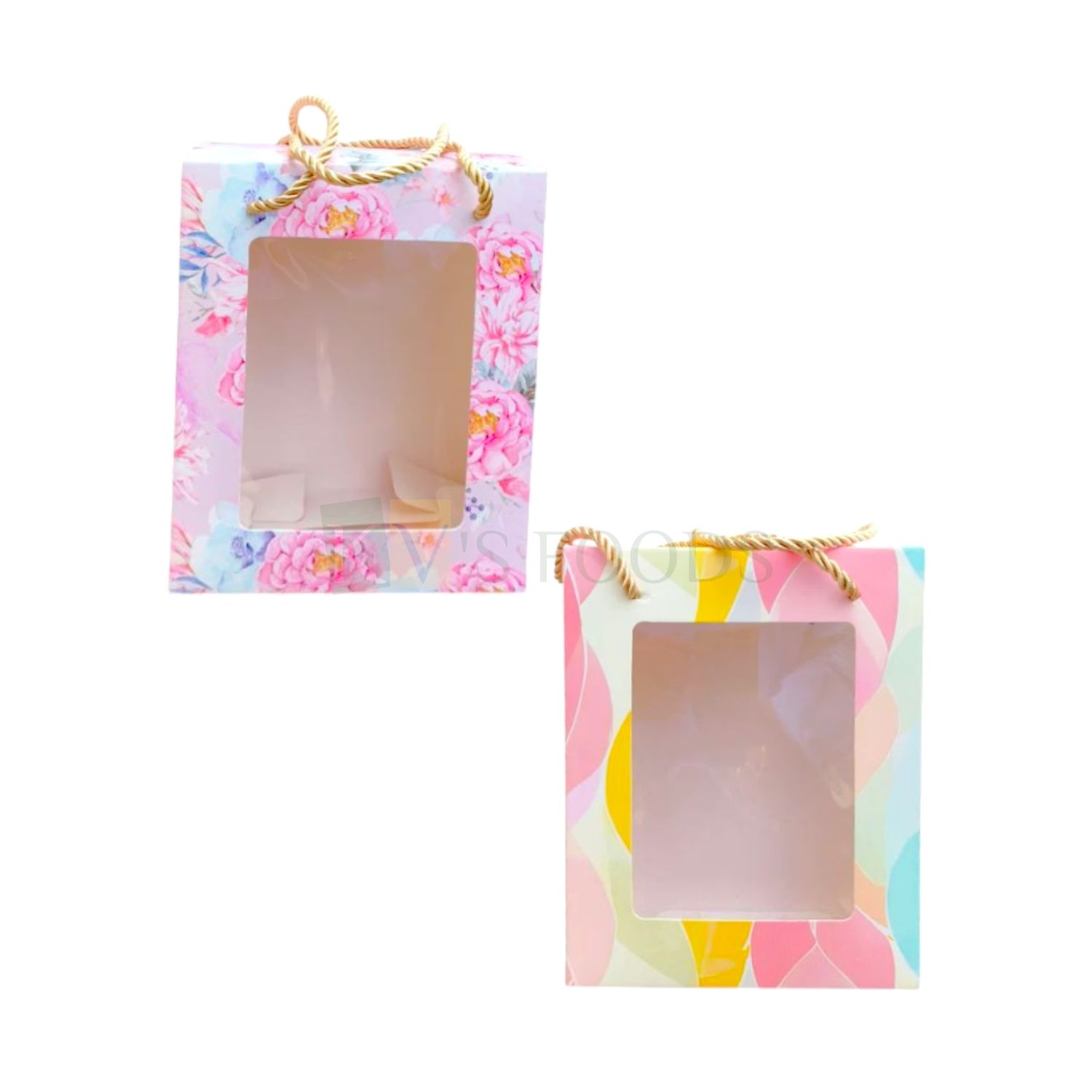 5PCS Rectangle Multipurpose Rainbow/Floral Design Hamper Paper Bag, Box with Transparent Window, Size-5.7x3.1x7.1&#39;&#39; Chocolates, Pralines, Premium Gifts Bags with Golden Rope Handle, Festival Jar Boxes