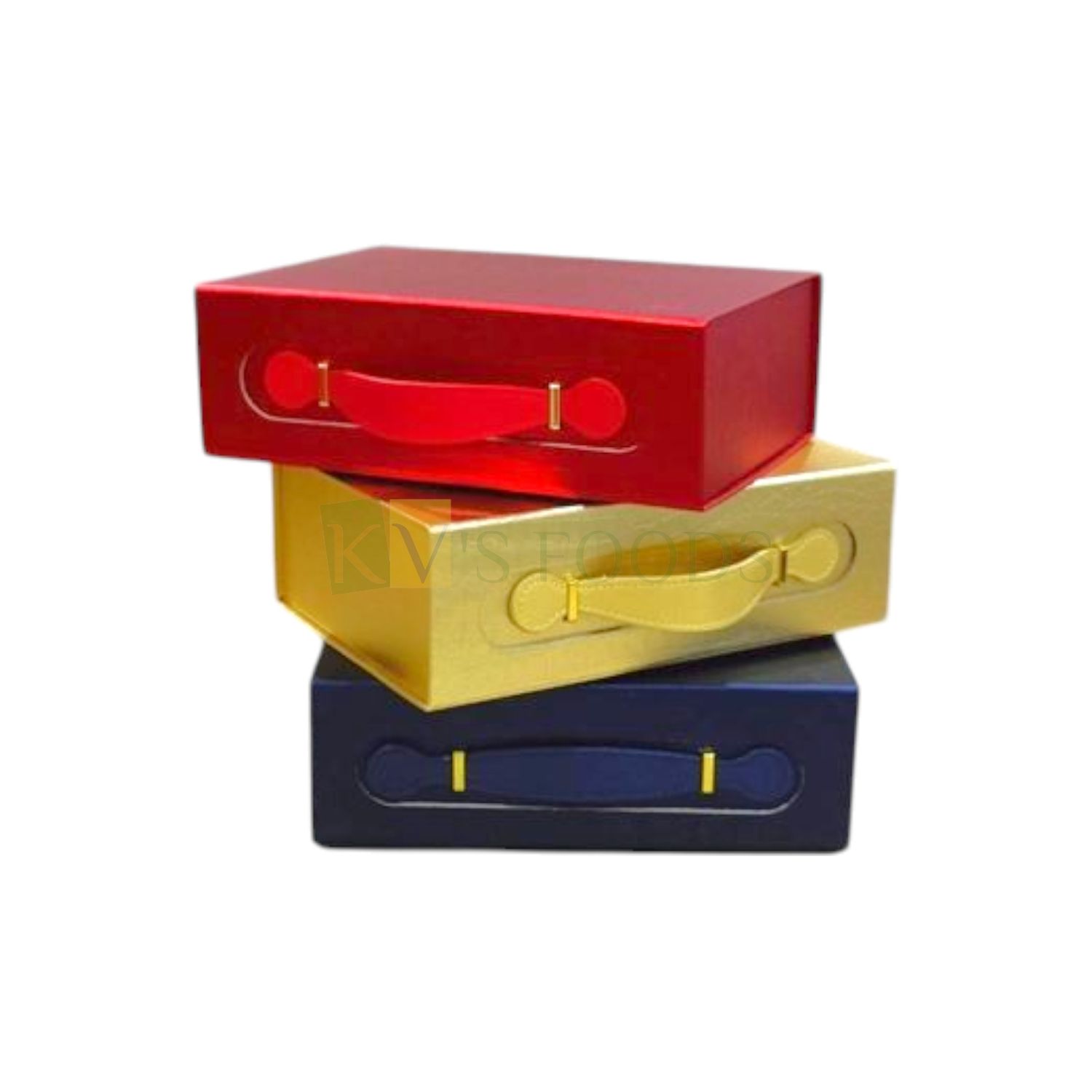 1PC Rectangle Red/Golden/Navy Blue Multipurpose Collapsible Hamper Box with PU Handle, Small Size - 9.5x7.3x3.3 Inch, Premium Luxurious Magnetic Cardboard Gift Bags, Corporate, Festival Folding Boxes