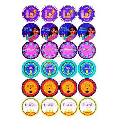 24 Happy Diwali 2.2 Inch Circle Stickers in a Sheet, for Packaging, Colourful Designs Happy Diwali Message with Elegant Graphic Stickers for Customized Chocolate, Gift Hamper Stickers