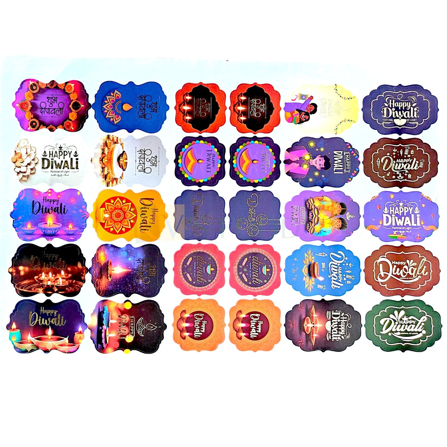 30 Happy Diwali Stickers in a Sheet, for Chocolates, Sweet Packaging, Colourful Designs Happy Diwali Message with  Golden Colour for Customized Chocolate Bar, Different Designs Gift Hamper Stickers