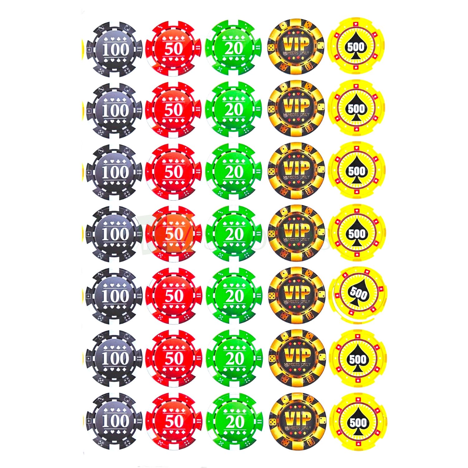 35 Diwali Poker Chips Chocolate Stickers, 1.4 Inch, 100, 50, 20, 500 Coins Stickers, Circle Casino, Cards Games Coin Chocolates, Crackers Colourful Designs Stickers for Customized Chocolates