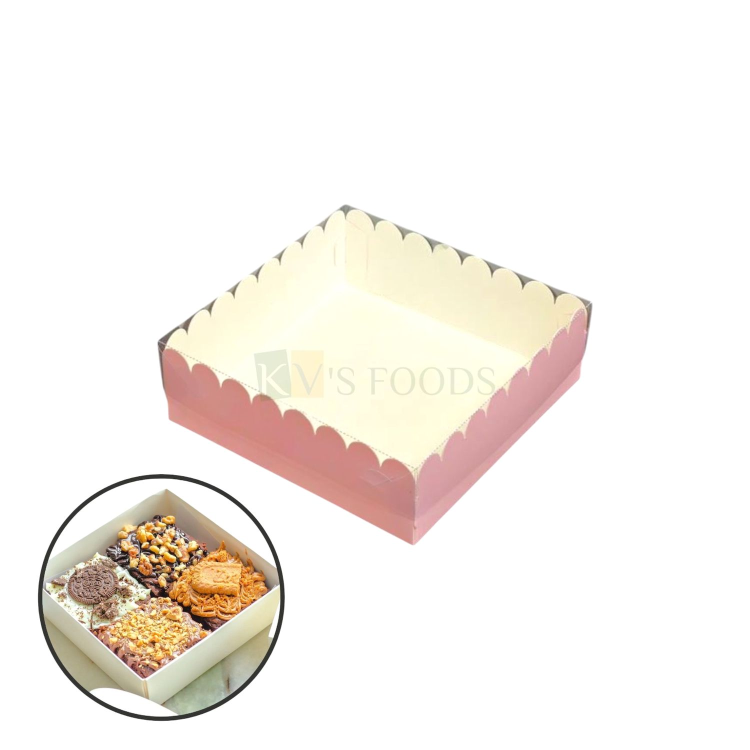 5 PCS Set of 4 Piece President Brownie Box Scallop Design with Transparent Lid, Baby Pink Colour, Size 6*6 Height 2 Inch for Cookies, Bar Cakes, Pastry Candle, Soap, Bakery Pacakging DIY Gift Boxes