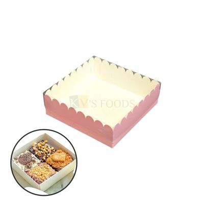 5 PCS Set of 4 Piece President Brownie Box Scallop Design with Transparent Lid, Baby Pink Colour, Size 6*6 Height 2 Inch for Cookies, Bar Cakes, Pastry Candle, Soap, Bakery Pacakging DIY Gift Boxes