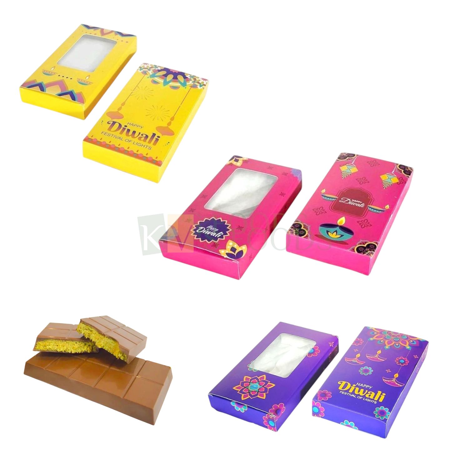 5PCS Set of Multipurpose Happy Diwali Kunafa Chocolate Bar Box with Transparent Window Printed Design, Size - 6.5x3.5x1 Inch for Bar Chocolates, Sweets/Mithai, Festival Folding Sliding Hamper Boxes