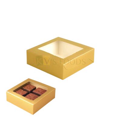 5 PCS Set of Metallic Golden 4 Brownie Box with Zig-Zag Transparent Window, Size 5.8x5.8 Height 1.8 Inch for Cookies, Chocolates,Sweets/Mithai Doughnuts, Finger Food Bakery Pacakging DIY Gift box