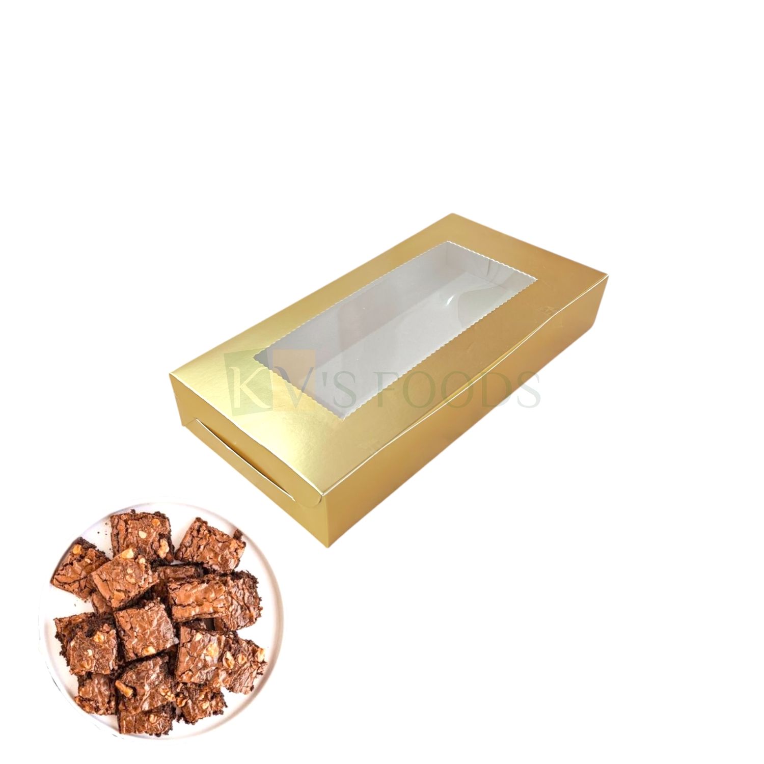 5 PCS Set of Metallic Golden 8 Brownie Box with Zig-Zag Transparent Window, Size 10x5 Height 1.8 Inch for Cookies, Chocolates, Sweets/Mithai Doughnuts, Finger Food Bakery Pacakging DIY Gift box