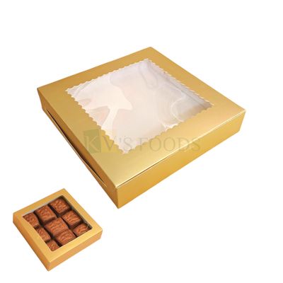 5 PCS Set of Metallic Golden 9 Brownie Box with Scallop Design Transparent Window, Size 9x9 Height 1.8 Inch for Cookies, Chocolates, Sweets/Mithai Doughnuts, Finger Food Bakery Pacakging DIY Gift box