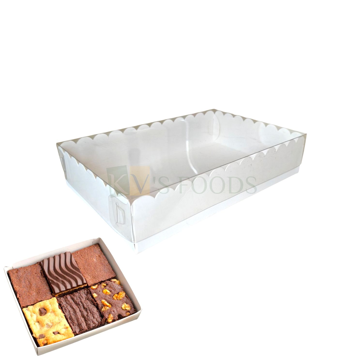 5 PCS Set of 6 Piece President Brownie Box Scallop Design with Transparent Lid, White Colour, Size 9.1x6 Height 2 Inch for Bar Cake Cookie, Donuts, Candy Pastry Candle, Soap, Bakery Pacakging DIY Gift