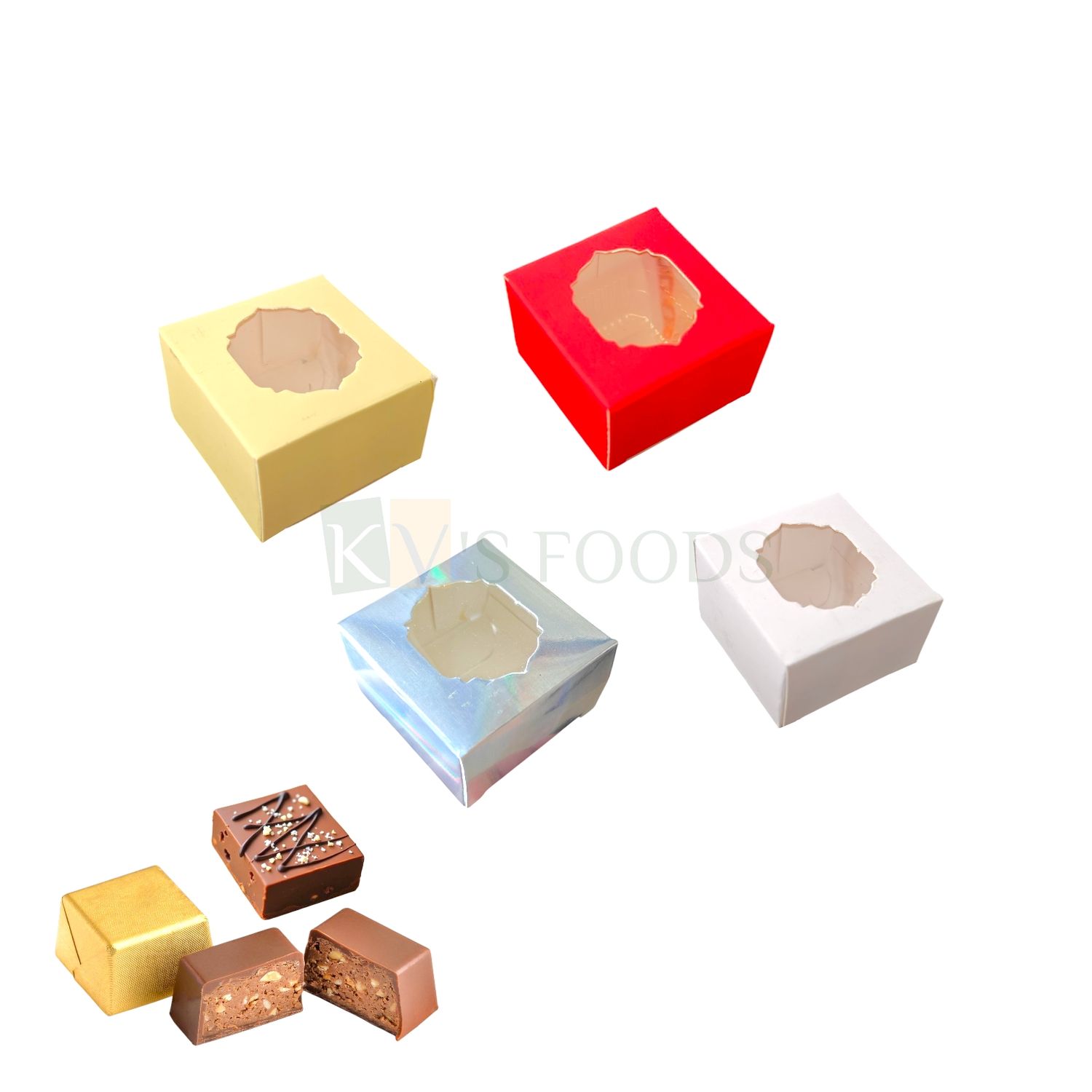 5 PCS Set of Red/Light Yellow/Silver/White Colour Single Chocolate Box with Transparent Window, Size 2x2 Height 1.2 Inch for Truffles, Chocolate Balls, Sweets/Mithai Pacakging DIY Festival Gift Boxes