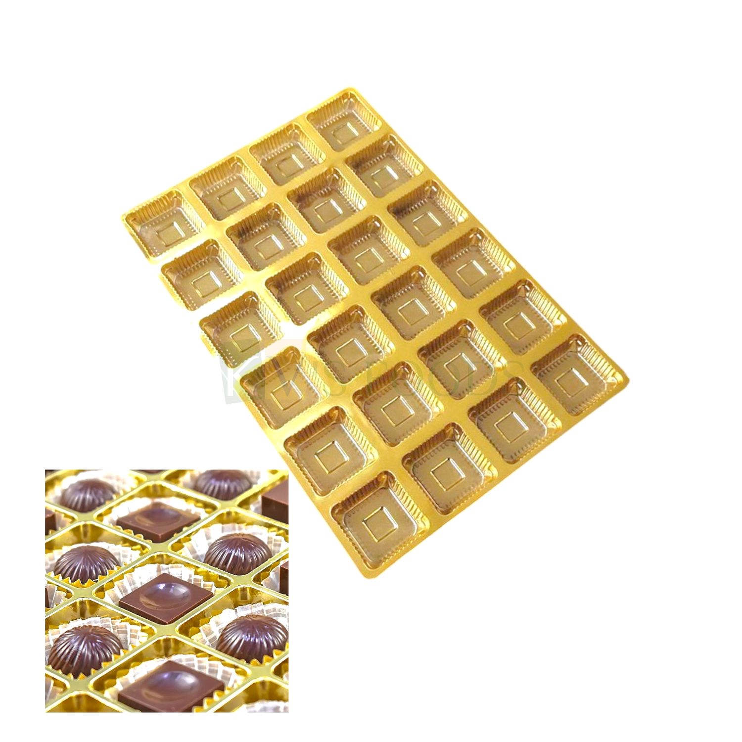 24 Cavity Chocolate Packing Tray, Golden Colour Plastic Square Mould for Sweets, Candies, Chocolate Truffles, Dry Fruits, Chocolate Ball Empty Reusable Dessert Box Insert Premium Gift Packaging Tray