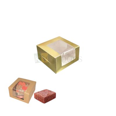 5 PCS Set of Metallic Golden 1 Brownie Box with Zig-Zag Transparent Window, Size 3x3 Height 1.8 Inch for Single Cookie, Chocolate, Sweets/Mithai, Truffles Small Doughnuts Bakery Pacakging DIY Gift box
