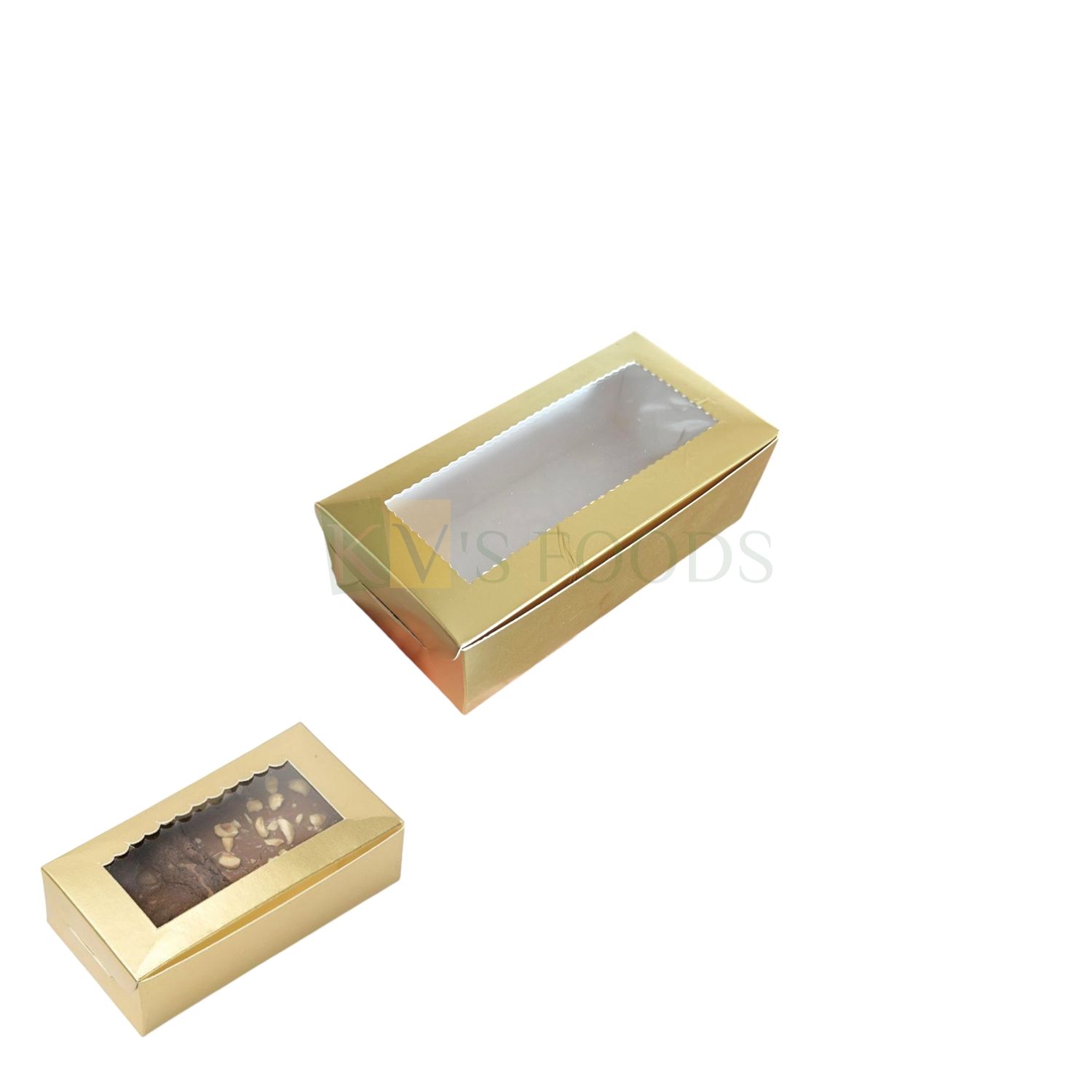 5 PCS Set of Metallic Golden 2 Brownie Box with Zig-Zag Transparent Window, Size 6x3 Height 1.8 Inch for Cookies, Chocolates, Sweets/Mithai Doughnuts, Finger Food Bakery Pacakging DIY Gift box