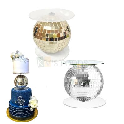 1PC Disco Ball Golden/Silver Globe Cake Spacer for Multi Layer Cake Decoration, Tiered Cakes, Disco Ball Cake Display Stand for Disco, Pub, 70s Theme, Night Out Birthdays Party, Cake Riser Separator