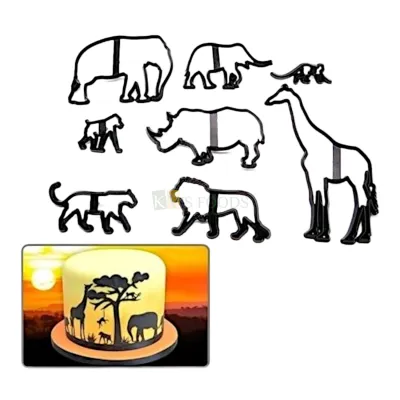 8 PCS Black Jungle Safari Zoo Wild Animals Cheetah Tiger Elephant Giraffe Rhino Monkey Cutter Stamps Silhouette Fondant Cake Decorating Tools, Impression, Biscuits Boys Girls Happy Birthday Theme