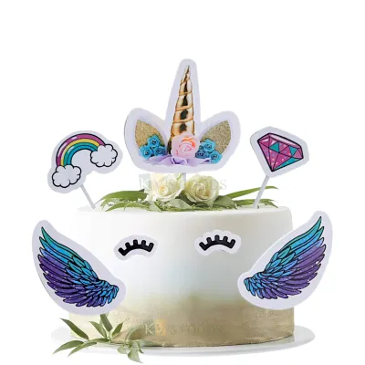 5 PCS Unicorn Cartoon Theme Paper Cake Toppers Insert Cupcake Toppers for Girls Friends Happy Birthday Decorations Items Cake Accessories, Tags, Banners, Cards, White Stick Toppers