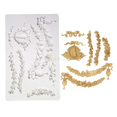 1 PC White Silicon New European Series Embossed Madame Garland Border Pattern Fondant Moulds, Wedding Anniversary Cakes, Fine Texture Classic Simple Euro Retro Design Flexible Vintage Art Decor Molds