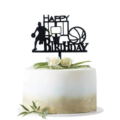 1PC Black Acrylic Basketball Player with Net/Hoop, Ball and  Happy Birthday Letters Cake Topper, Basketball Ring Rim Birthday Theme Cupcake Topper Man Boys Sports Theme Cake Insert DIY Cake Decoration