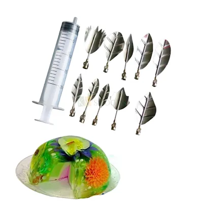 3D Jelly Art Tools Set, 10Pcs Stainless Steel Needle Gelatin art Tools Kit with 1Pc Syringe, Flower Leaves Cake Decoration Tool Gelatin Art Starter Kit, Making Cake Pudding Ice cream Jelly Cakes