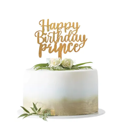 1PC Golden Shiny Glitter MDF Happy Birthday Prince Cake Topper, Prince Birthday Theme, Letters Unique Elegant Font Design Glitter Cake and Cupcake Insert DIY Cake Decorations