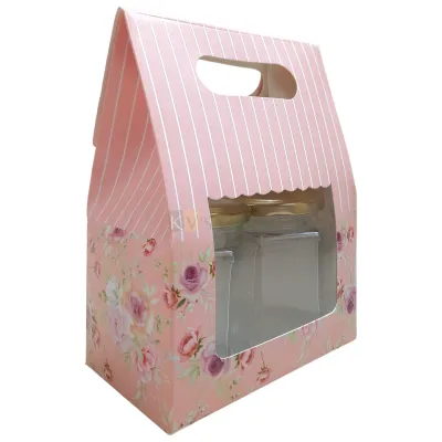 5PC Set of Multipurpose Floral Design 2 Jar Box With Transparent Window Size 5.8*3.5*8 Inch for Chocolates, Dry Fruits, Muffins, Cookies, Cupcakes, Mini 2 Bottle Upto 250 ML Folding Box with Handle