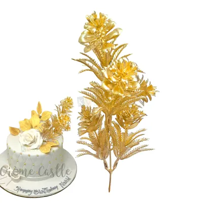 1PC Golden Shiny Glossy Finish Artificial Flowers Leaves Branches Cake Toppers, Metallic Gold Plants Cake Insert Decorations for Wedding Anniversary Baby Shower Birthday Party DIY Cake Decorations