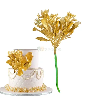 1PC Golden Shiny Glossy Finish Artificial Flowers Leaves Branches Cake Toppers, Metallic Gold Plants Cake Insert Decorations for Wedding Anniversary Baby Shower Birthday Party DIY Cake Decorations