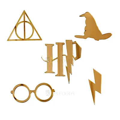 1PC Golden Acrylic Shiny Glass Finish Harry Potter Symbols Theme HP Specks Deadly Hallows Symbols Cake Topper Side Cake Topper Kids Boys Happy Birthday Cake Toppers DIY Cake Decorations