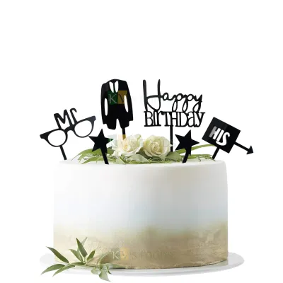 1PC Black Acrylic Gentleman Cake Topper Set Including Star, Mr and HIS Letter, Glasses and Coat,Father's Day Cake Topper, Dad's Birthday Theme Cupcake Insert, Unique Elegant Font Design DIY Decoration