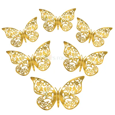 12 PCS Shiny Fancy 3D Golden Colour Different Size Designed Butterfly Cake Topper Vein Hard Paper Foldable Butterfly Cake Toppers, Girls Happy Birthday Theme Anniversary Side Cake Decorations