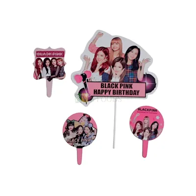4 PCS Black Pink Happy Birthday Party Cake Topper Cupcake Toppers for Girls Lady Womens Friends Parties  Decorations Items Cake Accessories, Tags, Banner, Cards Cake Inserts