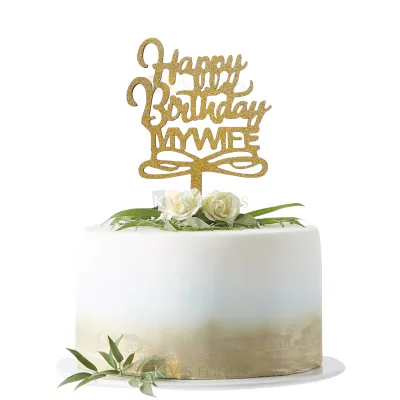 1PC Golden Shiny Glitter MDF Happy Birthday My Wife Cake Topper Letters Unique Elegant Font Design Cake and Cupcake Topper, Cupcake Glitter Insert DIY Wife Birthday Cake Decorations