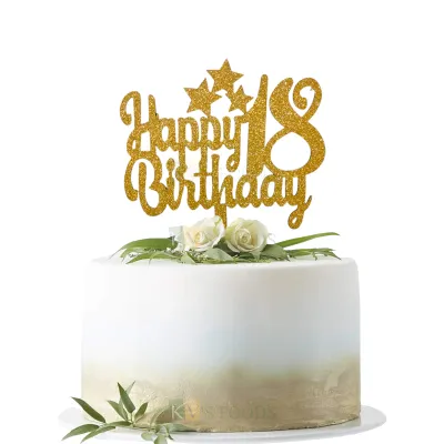 1PC Golden Shiny Glitter MDF Happy 18 Birthday Letters and Stars Cake Topper, Girl Boy Happy Birthday Cake Glitter Insert, 18 Number Theme Cake Topper Unique Elegant Font Design DIY Cake Decoration