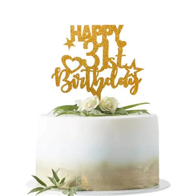 1PC Golden Shiny Glitter MDF Happy 31st Birthday Letters With Stars and Heart Cake Topper,  Happy Birthday Cake Glitter Insert for Adults, 31 Number Theme Cake Topper, DIY Cake Decoration