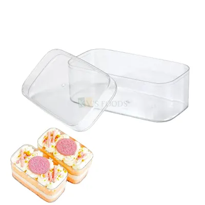 12 PC Acrylic Rectangular Cake Tub Container Clear Storage Boxes With Lids Size 4.7 x 2.7 Inch, Height 2.6 Inch Capacity ~ 380 ML Minto Box For Ice-Cream Cakes Chocolates, Mousse, Dessert, Pudding