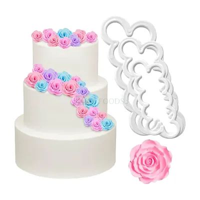3 PCS White Different Sizes Rose Poeny Flower Petals Fondant Cutters, Molds, Embossing Presses Impression, Chocolates Pancake Cookies Birthday Wedding Anniversary Cakes Cupcake Decorations