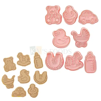 8 PCS Pink Baby Milk Bottle Cradle, Horse Toy Bib Pushchair Car Teddy Shape Cookie Cutter Stamps Plungers, Biscuit Mould, Baby Shower Theme Press Sterio Mold Baby Carriage Stamper Cake Decorations
