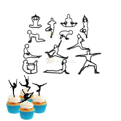 12 PCS Black Different Yoga Figures Poses Fondant Silhouette Plunger Cutters Stamps, Embossing Molds Presses Impression, Pancake Cookies Surya Namaskar Prakars, Birthday Cakes Cupcake Decorations