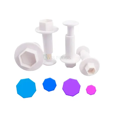 4 PCS White Hexagon Shapes Fondant Plunger Cutters Stamps, Molds, Embossing Spring Mold Printed Presses Impression Biscuit Chocolate Pancake Cookies Birthday Wedding Anniversary Cakes Decorations