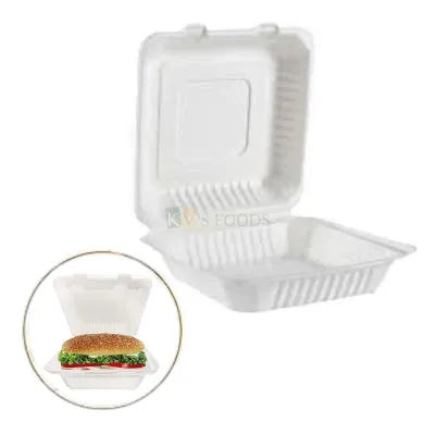 5PCS Set White Big Disposable 8 X 8 inch Bento Box Food Container with Attached Lid Clamshell Plain Takeaway Box, Hard Food Box, Biodegradable Takeaway, Lunch Boxes, Birthday Parties, School picnic