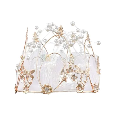 1 PC Golden Big Fashion Pearl Feather Crown Tiara Diameter 4.92 Inch, Cake Cupcake Topper Decoration Crystal Diamond Rhinestone Children's Girls Princess Birthday Party, Girls Hair Accessories